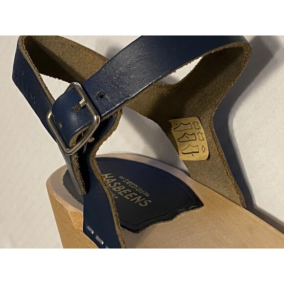 Swedish Hasbeens Peep Toe Clogs Sandals Women's Sz 39 Leather 8.5/9 Navy Blue - Picture 8 of 16